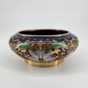 20th Century Chinese Cloisonne Champleve Enamel Floral Shallow Brass Bowl 4"